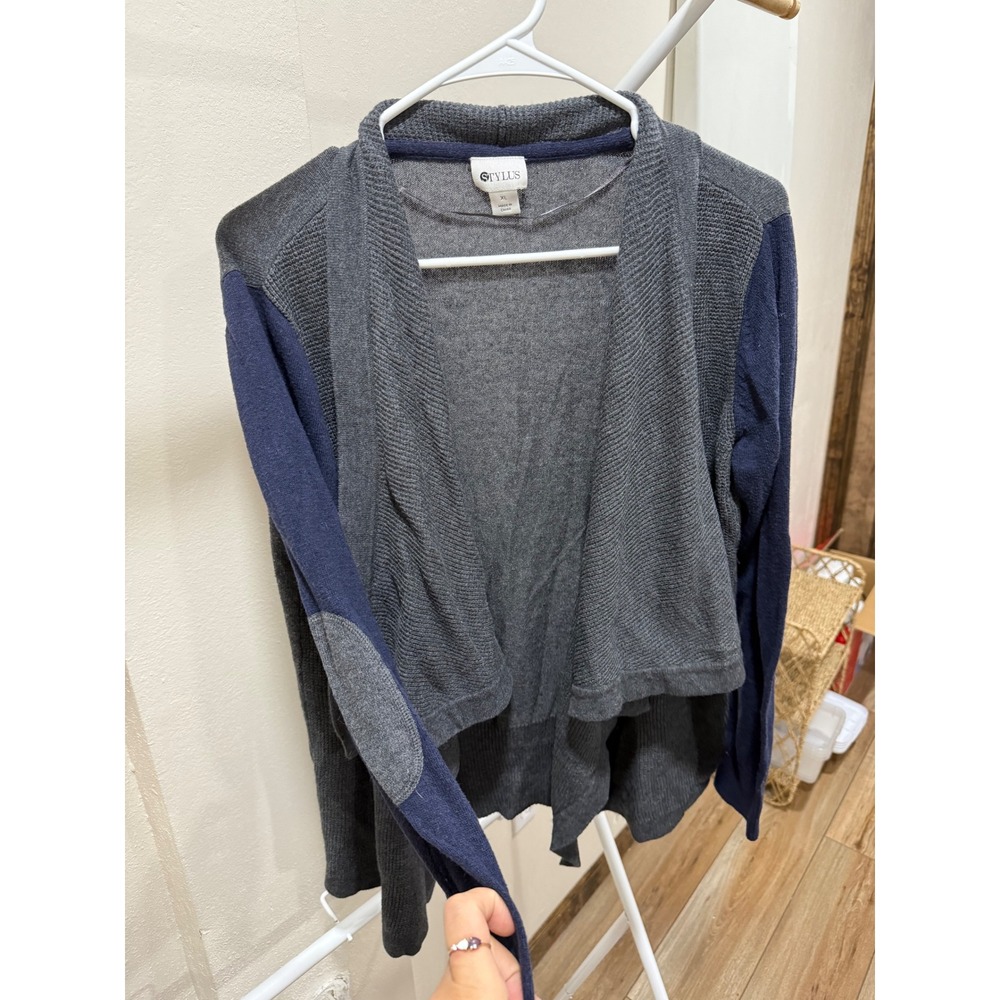 Stylus Womens XL Gray Navy Blue Colorblock Open Front Draped Cardigan Sweater